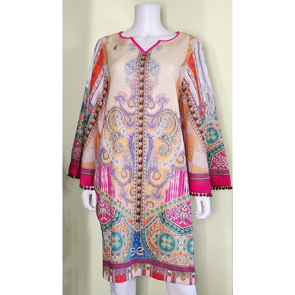 Vibrant Multicolor Printed Tunic with Pink Trim